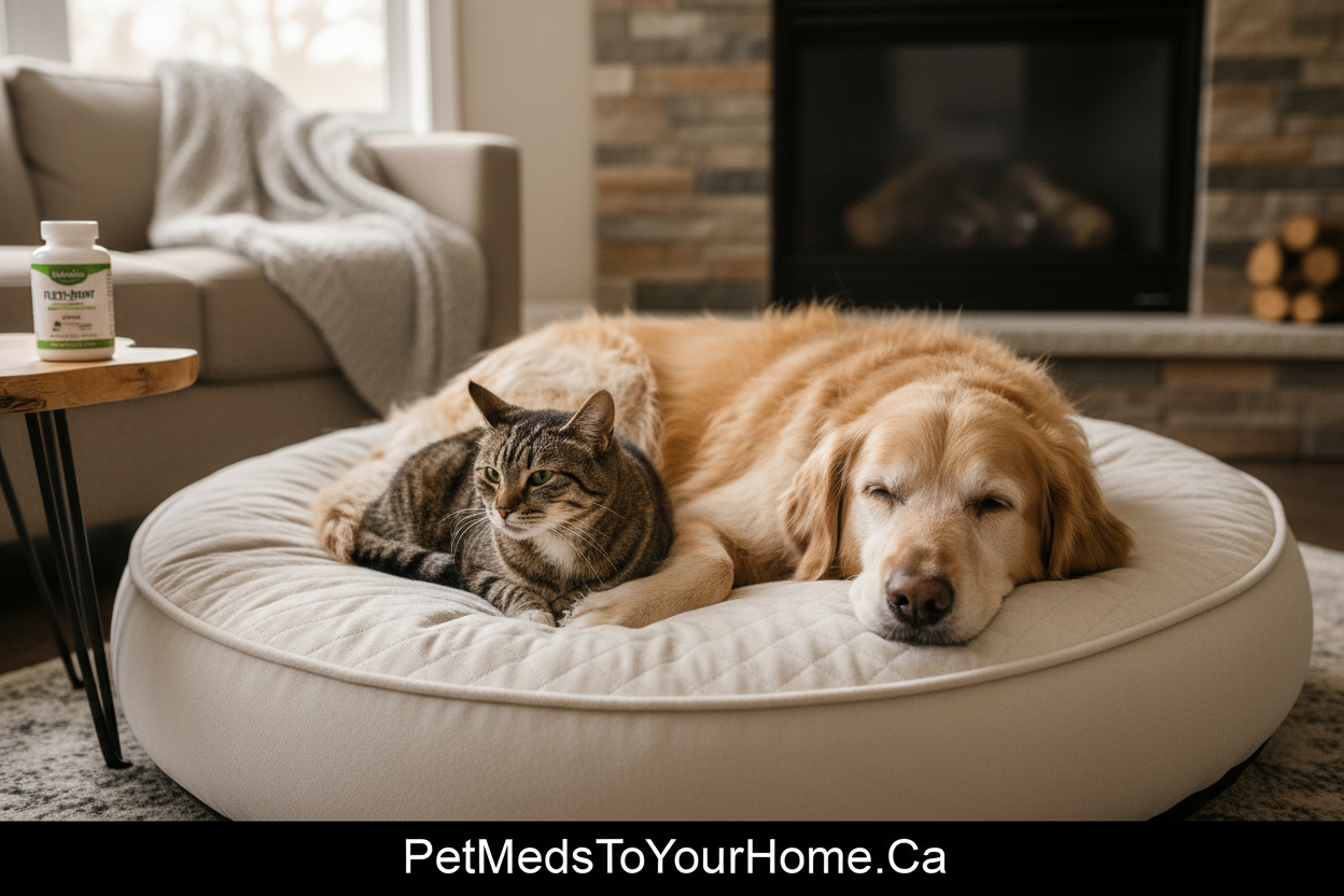 Senior dog and cat resting comfortably together — joint health supplements for pets by PetMedsToYourHome.ca