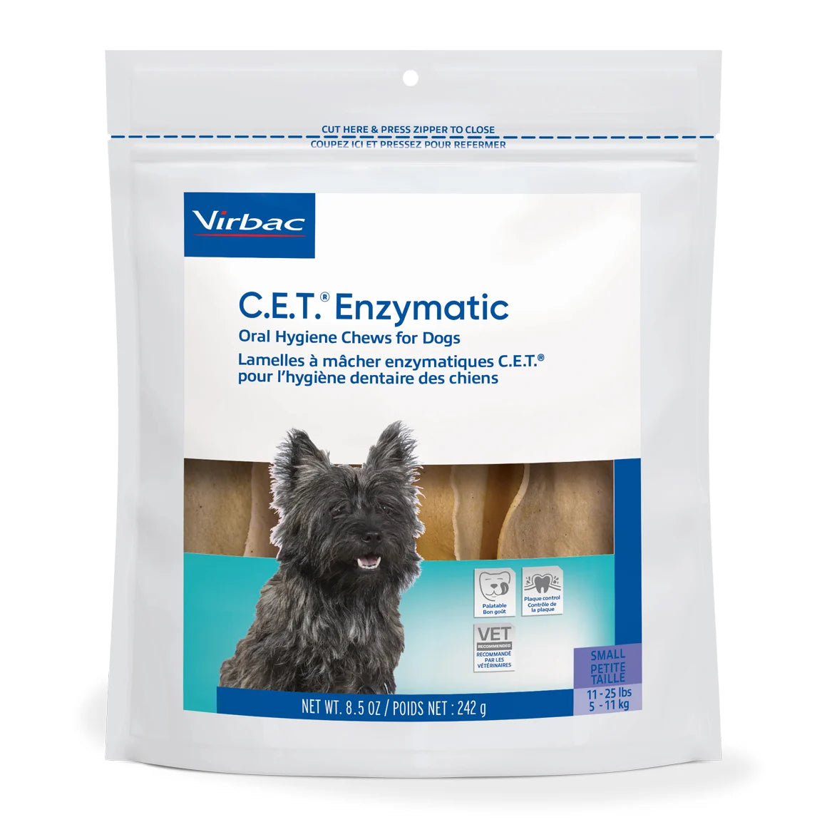 Package of Virbac C.E.T. Enzymatic Oral Hygiene Chews for Dogs on a white background