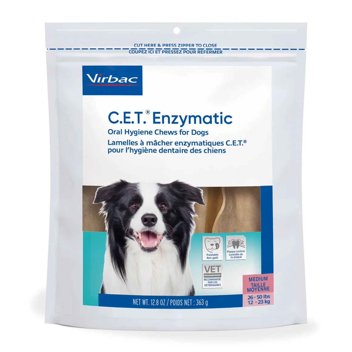 Package of Virbac C.E.T. Enzymatic Oral Hygiene Chews for Dogs on a white background