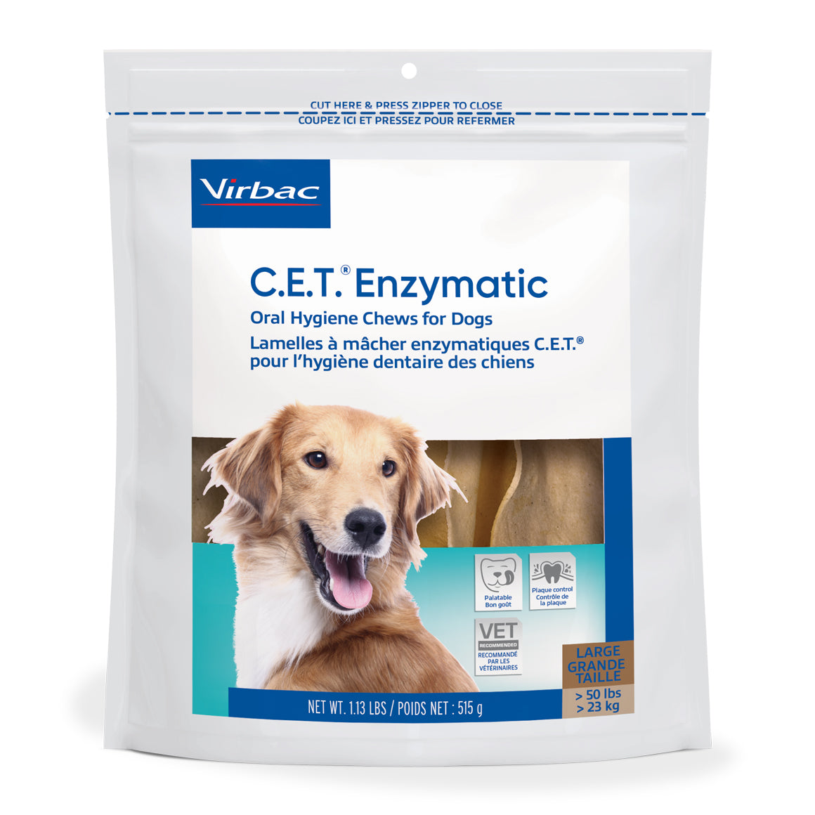 Package of C.E.T. Enzymatic Oral Hygiene Chews for Dogs by Virbac on a white background