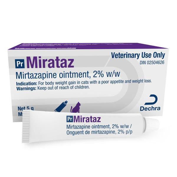Mirataz Mirtazapine ointment 2% w/w veterinary use only, shown with its retail box and a single white ointment tube on a plain white background. The packaging features purple and blue branding with the Dechra logo.