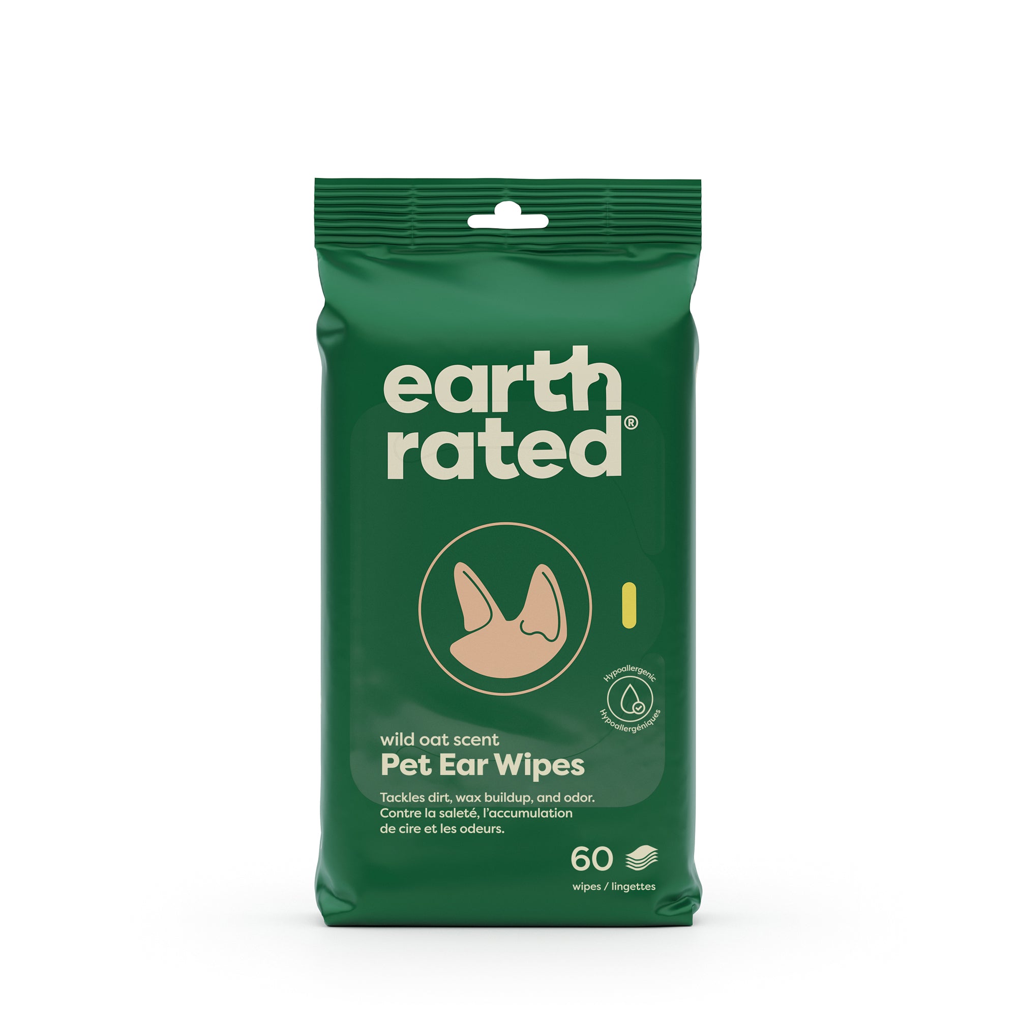 Green package of earth rated pet ear wipes on a white background