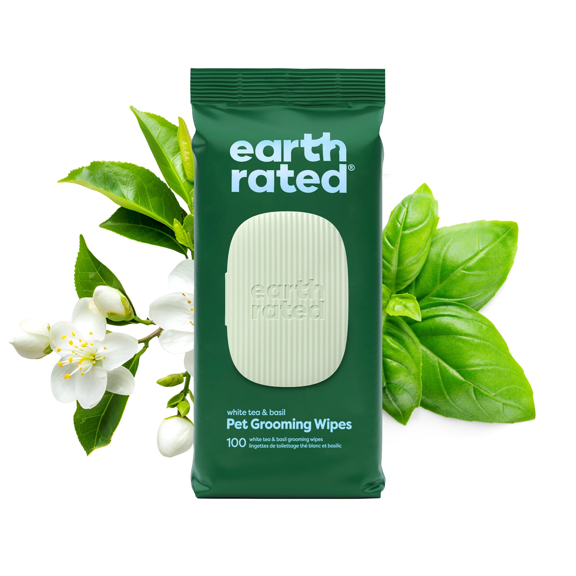 Earth Rated pet grooming wipes packaging with green leaves and white flowers on a white background