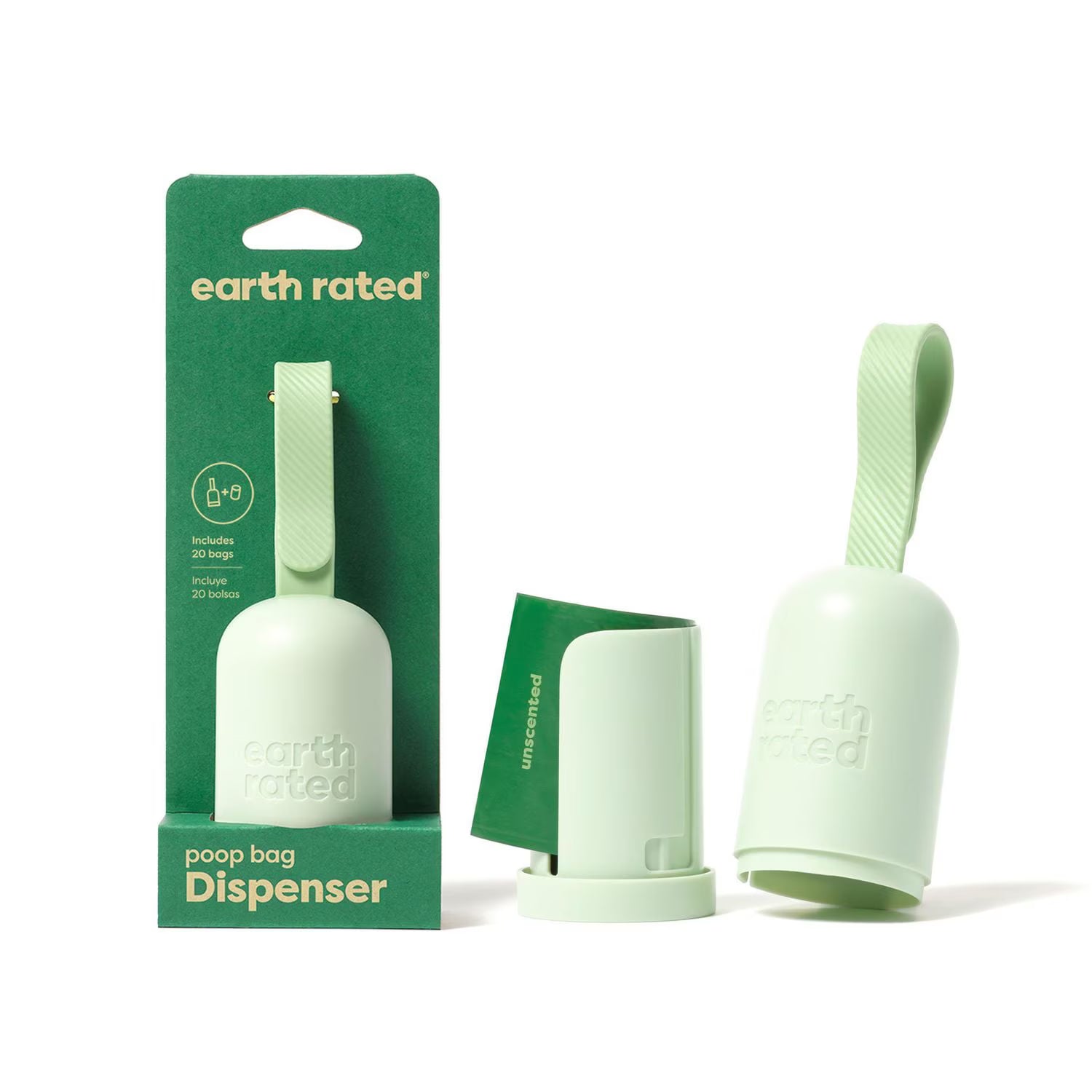 Green pet poop bag dispenser with packaging on a white background