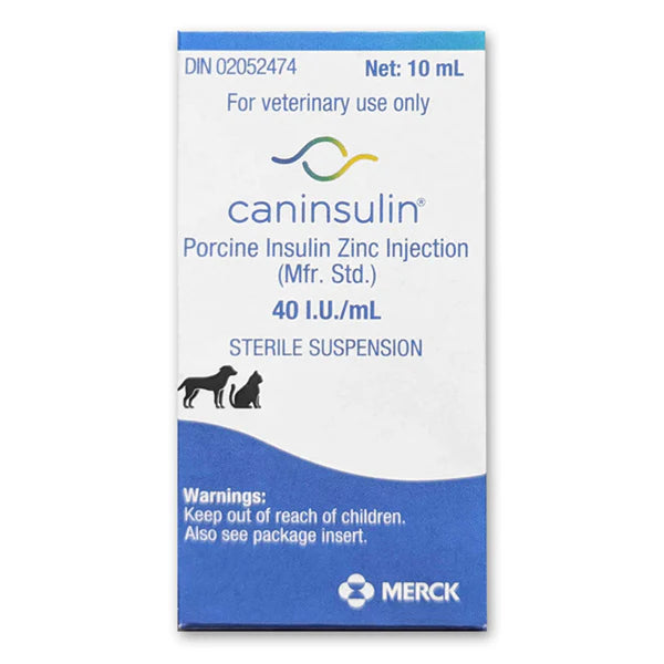 Caninsulin porcine insulin zinc injection packaging for veterinary use, featuring Merck logo.