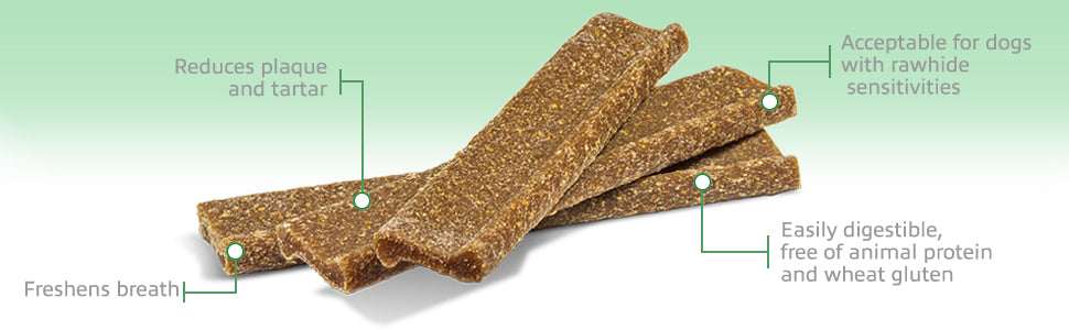 Dog treats on a light green background with text highlighting benefits