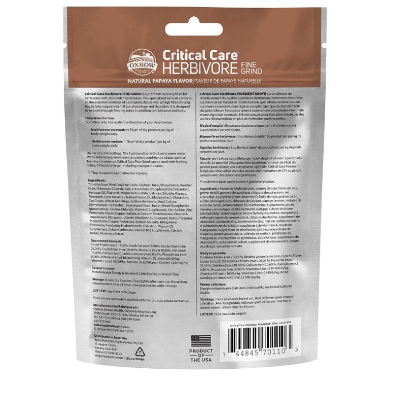Oxbow Critical Care Herbivore Fine Grind - 100g | Nutritional Support for Rabbits, Guinea Pigs & Small Herbivores - Small Animal Nutrition | PetMedsToYourHome Canada